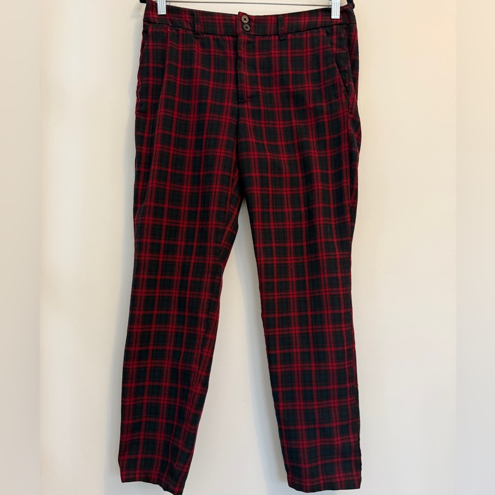 H&M L.O.G.G. Navy Red Plaid Trousers Straight Leg Pants Size 8 - Picture 2 of 12
